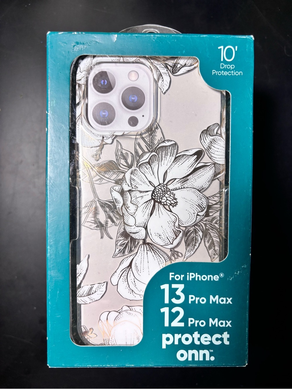 onn. Clear/Black Floral Pattern Phone Case Drop Protection iPhone 13/12 Pro Max